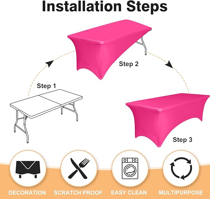 2 Pack 6 Feet Fuchsia Spandex Tablecloth for Rectangular Tables, Fitted & Stretch, Washable, Wrinkle Resistant, Perfect for Event, Wedding, Party, Banquet, Cocktail, Festival, and Table Protector