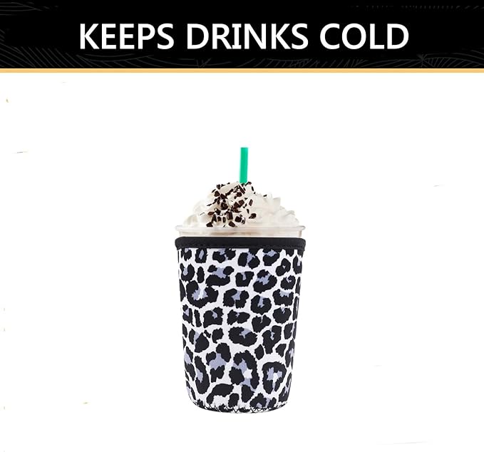 YR Reusable Neoprene Insulator Sleeve for Iced Coffee Cups, 3 Pack Coffee Coolies sleeves for Iced & Hot Drinks, Cold Beverage Cooler Compatible with Starbucks Coffee and More (Snow Leopard)