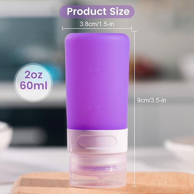 MICEBAY Condiment Squeeze Bottles for Sauces, 2-oz Mini Silicone Salad Dressing Container to Go with Snack Storage Bag, Leakproof Sauce Bottles for Lunch Box, 4 Pack, Purple