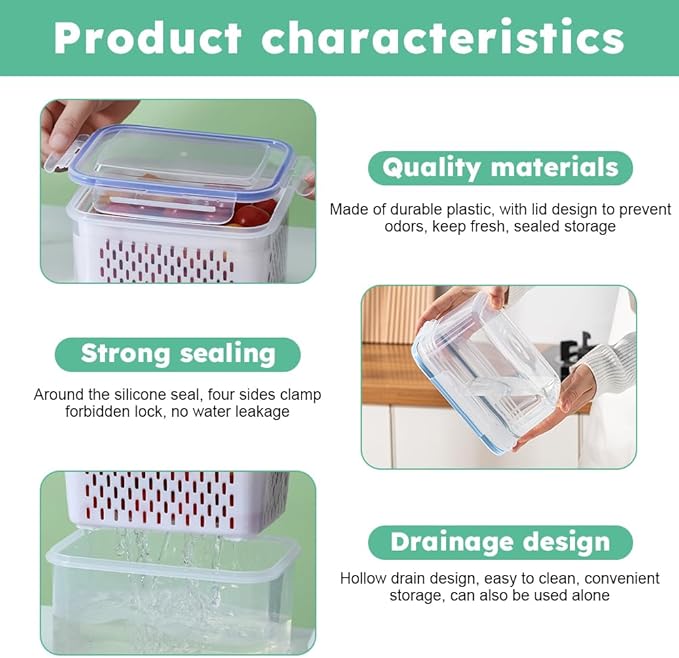 2 Pack Fruit Storage Containers for Fridge, Stackable Food Storage Containers with Removable Colander, Refrigerator Organizer with Drain Baskets Lids- Keeping Food Fresh Longer