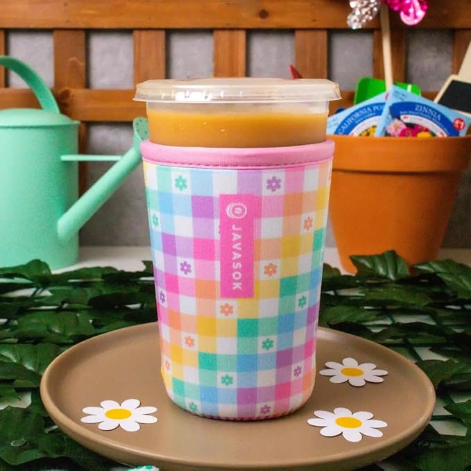 Sok It JavaSok Iced Coffee & Cold Soda Insulated Neoprene Cup Sleeve (Gingham Flowers, Medium: 22-28oz)