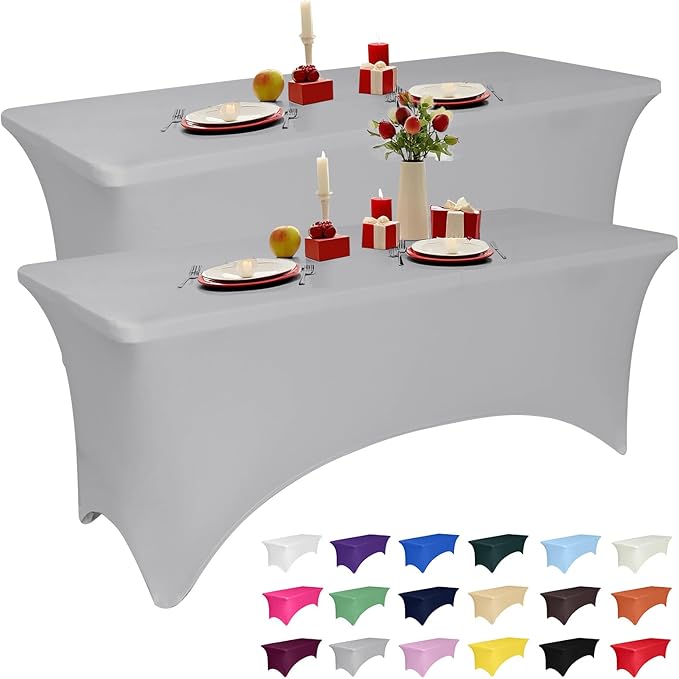 2 Pack 6 Feet Grey Spandex Tablecloth for Rectangular Tables, Fitted & Stretch, Washable, Wrinkle Resistant, Perfect for Event, Wedding, Party, Banquet, Cocktail, Festival, and Table Protector