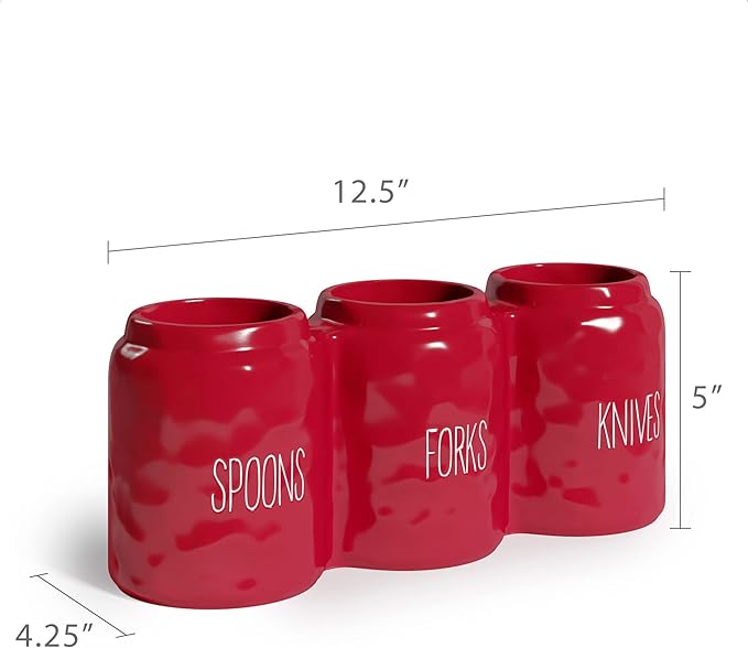Barnyard Designs Silverware Caddy for Countertop - Cutlery Organizer for Spoon, Fork, and Knife - Ceramic Utensil Holder for Flatware or Plasticware - Perfect for Parties - 12.5” x 4.25” x 5” (Red)