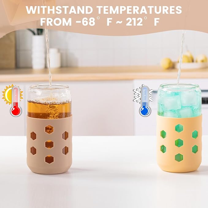 Mrsdry Glass Cups with Lids and Straws (4 Pack), 16oz Drinking Glasses Set with Silicone Sleeves for Coffee Bar Accessories Iced Coffee Cups with Lids, Glass Tumbler Reusable for Gifts