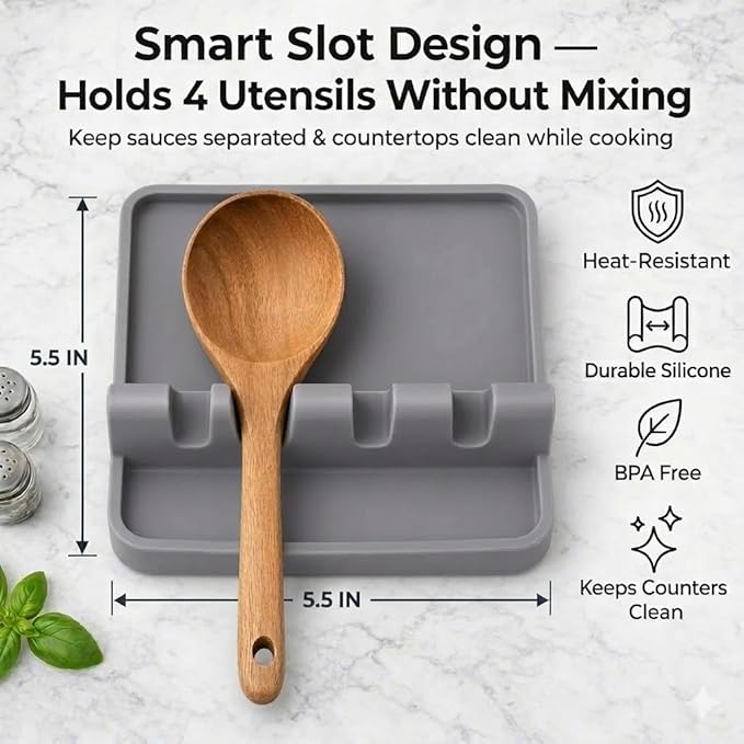 Silicone Spoon Rest for Stove Top – Silicone Utensil Holder with Large Drip Tray, Heat Resistant, BPA Free Food-Grade Silicone, Non-Slip Base, Dishwasher Safe, 4-Slot Design, Includes 2 Sponges (Gray)