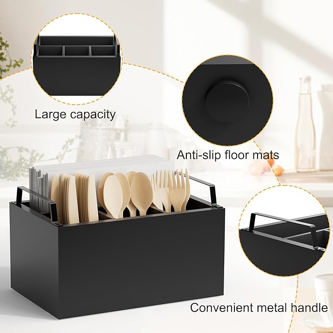Wooden Silverware Caddy Organizer, Acacia Wooden Silverware Holder, Utensil Holder for Party, Utensil Organizer for Countertop, Black