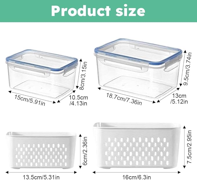 2 Pack Fruit Storage Containers for Fridge, Stackable Food Storage Containers with Removable Colander, Refrigerator Organizer with Drain Baskets Lids- Keeping Food Fresh Longer