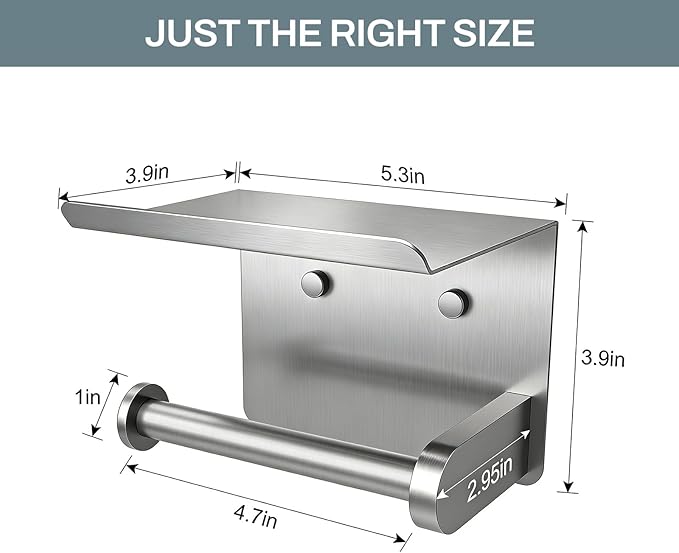 SetSail Toilet Paper Holder with Shelf Adhesive or Screw-in Bathroom Toilet Paper Roll Holders Wall Mount Heavy-Duty Brushed Nickel Tissue Holder for Bathroom Hardware Accessories