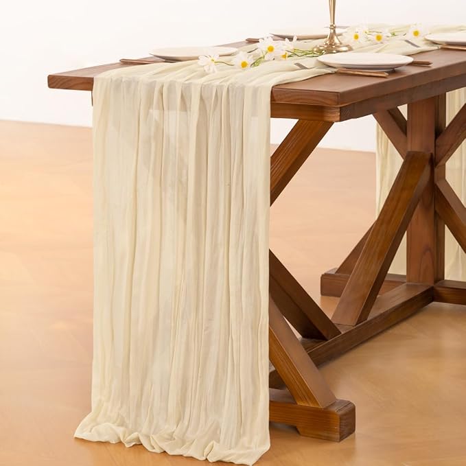 Socomi 3pcs Beige Summer Cheesecloth Table Runner Boho Rustic Gauze 120 inch 10FT Cheese Cloth Sheer Runner for Wedding Party Baby Shower Birthday Home Decor Holiday Decorations