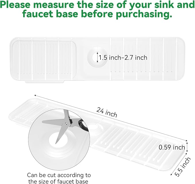 Kitchen Sink Splash Guard Behind Faucet 24 x 5.5 Inch, Toovem Faucet Handle Drip Catcher Tray, Longer Silicone Sink Faucet Mat, Dish Soap Sponge Holder for Bathroom, Farmhouse, Bar Rv
