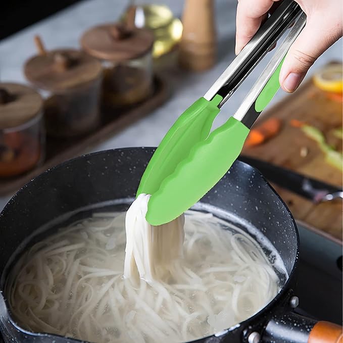 HINMAY Mini Tongs with Silicone Tips 7 Inches Silicone Cooking Tongs, Set of 3 (Green)