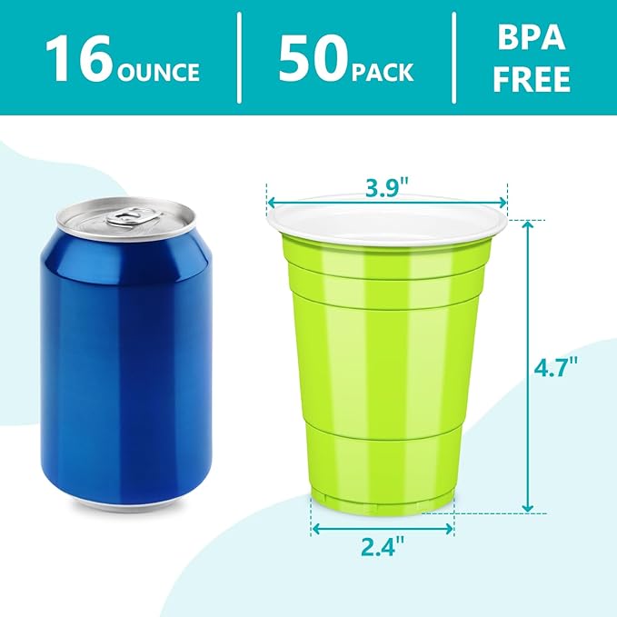 LANLISA 50 Lime Green Plastic Cups, 16 oz Disposable Cups, Drinking Cups For Halloween, Summerween, Christmas Party Supplies