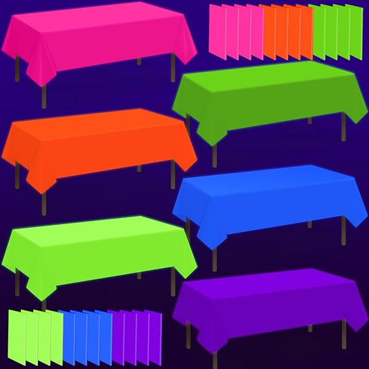 12 Pack Neon Table Cloths Party Decorations, Pink Orange Yellow Green Blue Purple Glow in The Dark Plastic Tablecloth, Disposable Rainbow Table Cover for Glow in Dark Neon Party Supplies Decorations