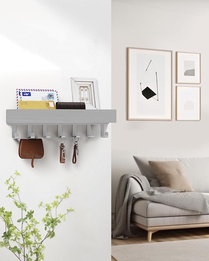 Key Holder Wall Mount Adhesive Magnetic - Hanging Key Hooks with Mail Organizer Tray for Wallet House Accessories - Keys Rack with Shelf for Camper Entryway Door Home Living Room Decor Grey Large