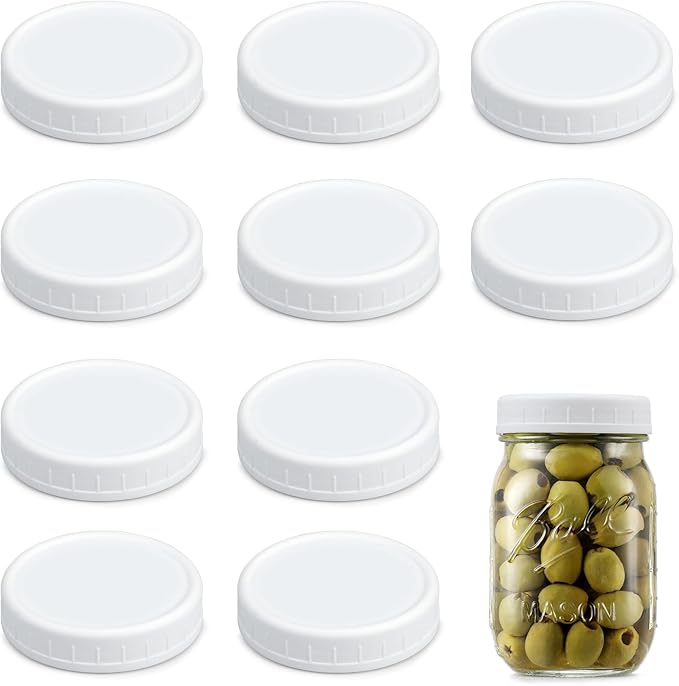 AOZITA 10 Pack REGULAR Mouth Mason Jar Lids for Ball, Kerr and More - White Plastic Storage Caps for Mason/Canning Jars - Leak-Proof, Dishwasher Safe & Food Grade