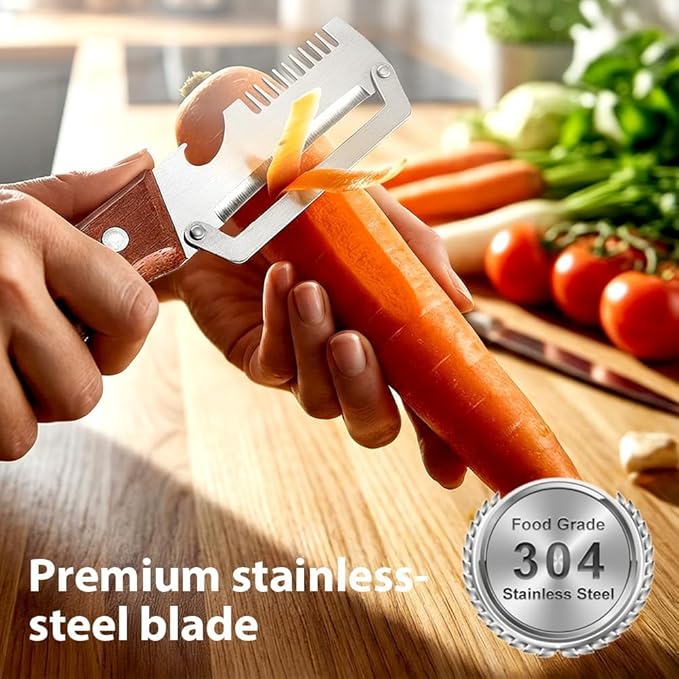 Multifunctional Vegetable Peeler with Wooden Handle and Bottle Opener, Stainless Steel Peelers for Kitchen, Multi Functional Vegetable Peeler for Fruit Potato Carrot Pumpkin Zucchini（1-PACK）