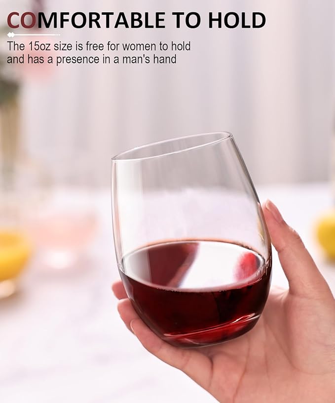 OJA Stemless Wine Glasses Set of 12, 15oz Crystal Red White Wine Glasses, No Stem, Clear, Sturdy Drinking Glass for Daily Use, Birthday, Wedding, Home Party, Anniversary, Shower Gift