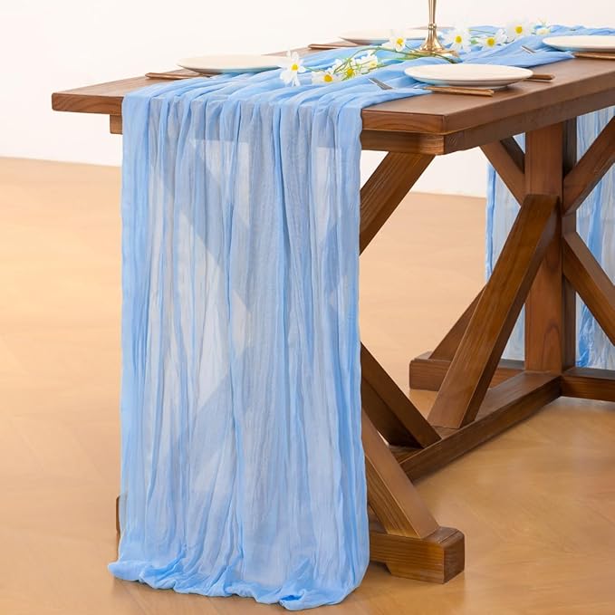 Socomi 2pcs Light Blue Cheesecloth Table Runner Summer Boho Rustic Gauze 120 inch 10FT Cheese Cloth Sheer Runner for Wedding Party Baby Shower Birthday Home Decor Holiday Decorations