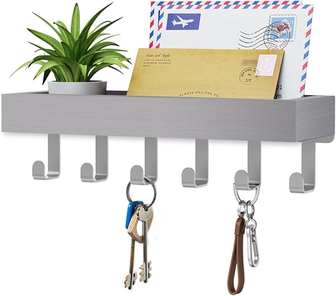 Key Holder Wall Mount Adhesive Magnetic - Hanging Key Hooks with Mail Organizer Tray for Wallet House Accessories - Keys Hanger Rack with Shelf for Camper Entryway Door Home Living Room Decor Grey