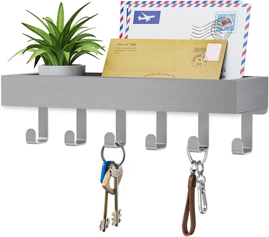 Key Holder Wall Mount Adhesive Magnetic - Hanging Key Hooks with Mail Organizer Tray for Wallet House Accessories - Keys Hanger Rack with Shelf for Camper Entryway Door Home Living Room Decor Grey