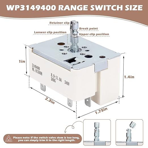 3148954 3148953 3148951 3149400 Range Burner Infinite Control Switch Replacement for Whirlpool Range Switch WP3149400 WP3148954 WP3148953 WP3148951 311858 311859 336989 PS336886 AP3029710 AP3095444
