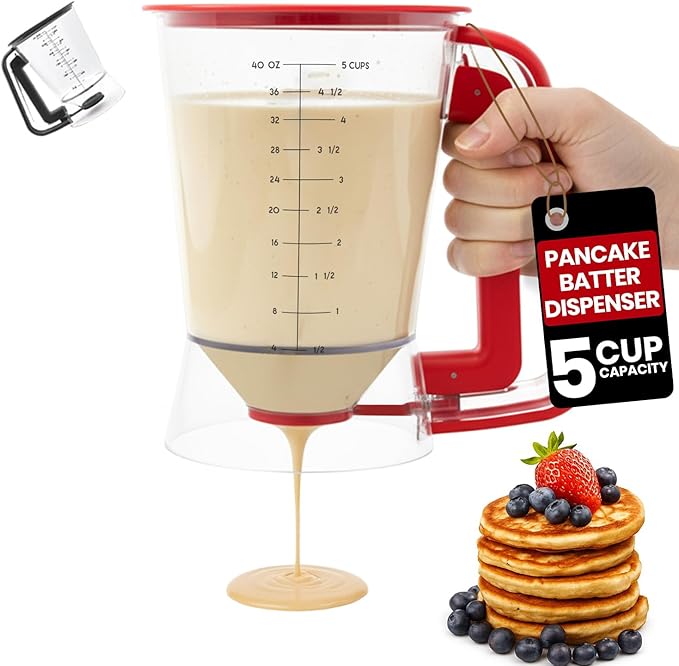 Eggssentials - Pancake dispenser, 5-Cup/1200ml Pancake Dispenser for Batter, Cupcake Batter Dispenser, Waffles & Crepes, Easy Squeeze Handle, Dishwasher Safe - Red Pancake Mix Dispenser