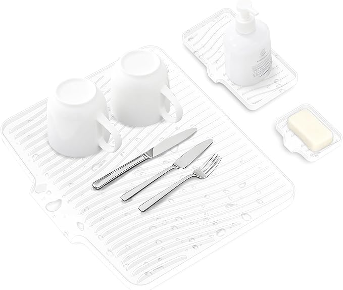Silicone Dish Drying Mat for Kitchen Counter, Dish Drying Pad, Non-Slip Drain Pad with Built-in Drain, Heat Resistant Stone Drying Mat,Ivory-1Set