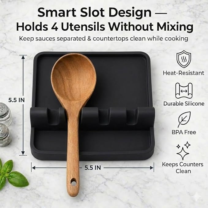 Silicone Spoon Rest for Stove Top – Silicone Utensil Holder with Large Drip Tray, Heat Resistant, BPA Free Food-Grade Silicone, Non-Slip Base, Dishwasher Safe,4-Slot Design, Includes 2 Sponges (Black)