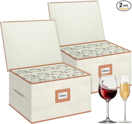 Aokeyee 2-Pack Wine Glass Storage Box with Dividers, Hard Shell Stemware Case Holds 24 Crystal Glasses & Drinkware, for Moving & Protection, Ivory