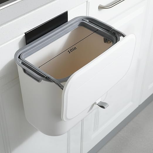 1.9 Gallon Under Counter Sink Waste Bin, Space Saving Hanging Kitchen Compost Bin with Lid Wall-Mounted Plastic Trash Garbage Can for Cabinet Door Cupboard Bathroom Office Home RV (White)