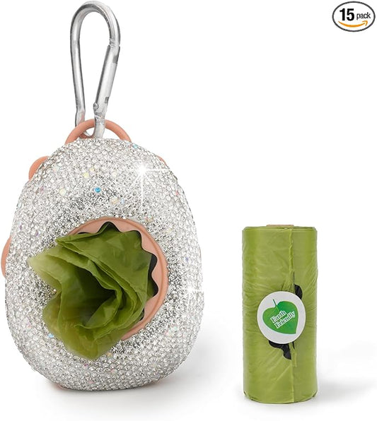 Diamond Rhinestone Dog Poop Bag Holder for Leashes Leak Proof Trash Bag Dispenser with Carabiner Includes 15 Scented Waste Bags Portable Pet Walking Accessories for Dogs Cats Litter