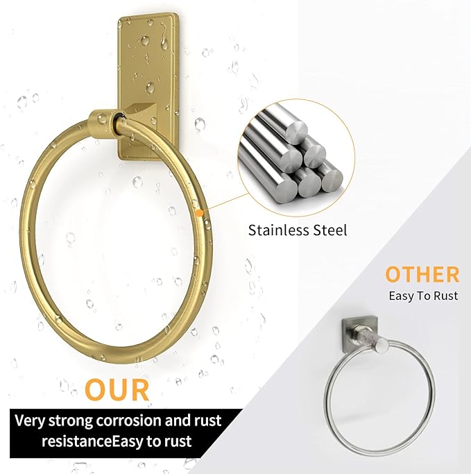 Adhesive Towel Ring, SUS304 Stainless Steel Bathroom Towel Holder, One Piece Disigned Towel Racks for Bathroom, No Drill, Gold