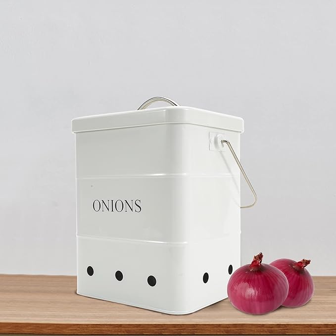 Onion Storage Bin, Kitchen Storage Canister,Kitchen Pantry Organizer Tin With Airtight Lid & Handles, Vegetable Fresh Keeper with Aerating Tin Storage Holes (White)