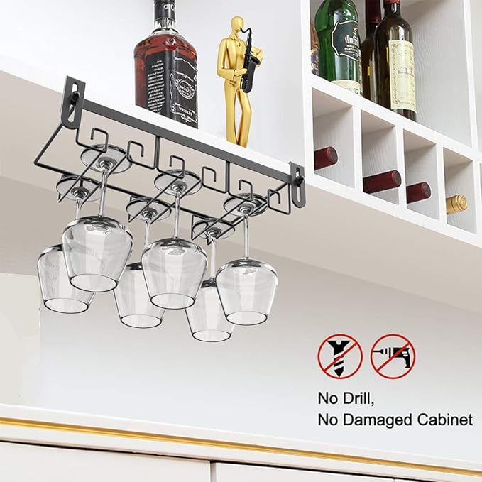 Under Shelf Wine Glass Holder - Black, Stemware Rack for Cabinet, Holds Multiple Glasses