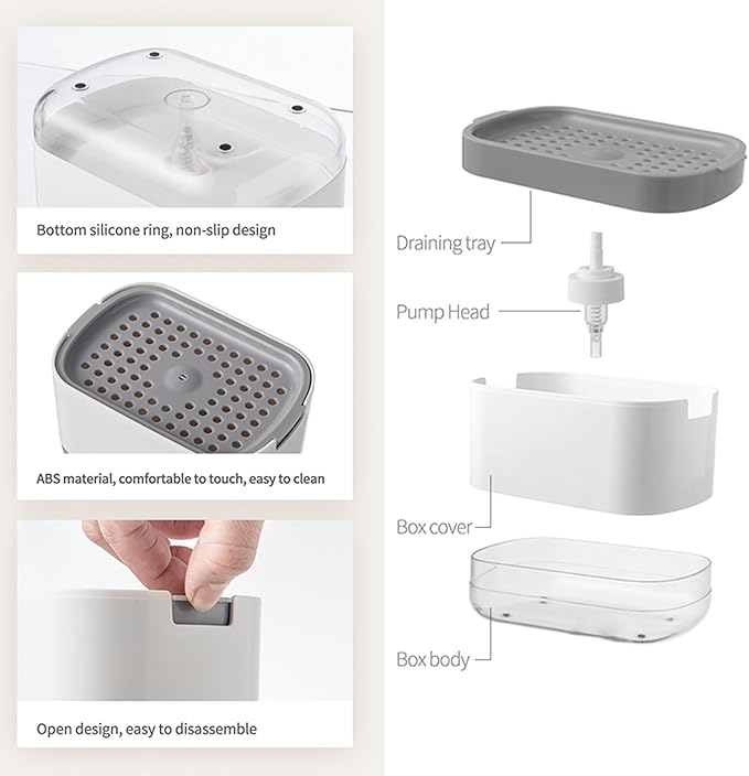 RUFCRIL Soap Pump Dispenser and Sponge Holder, 10oz / 300ml Dish Soap Dispenser for Kitchen,White
