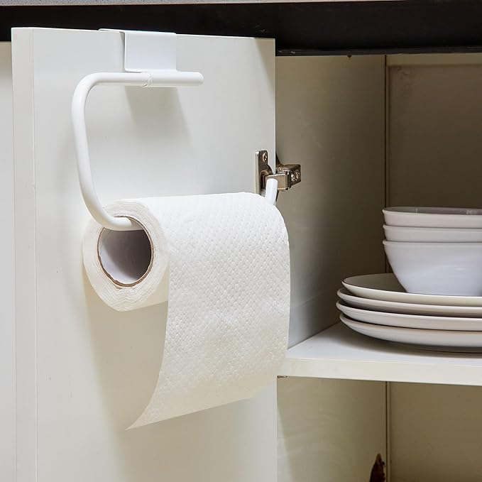 12.4 Inches Cabinet Door Paper Towel Holder Camper Under Sink No Drilling Paper Towel Storage and Dispenser for RV Kitchen Bathroom Laundry Room, Stainless Steel(White,1 Pcs)