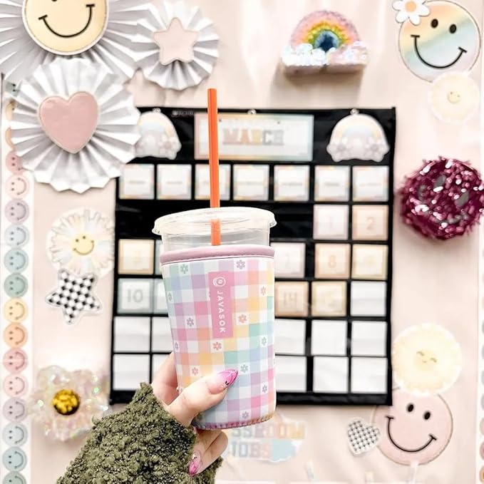Sok It JavaSok Iced Coffee & Cold Soda Insulated Neoprene Cup Sleeve (Gingham Flowers, Medium: 22-28oz)