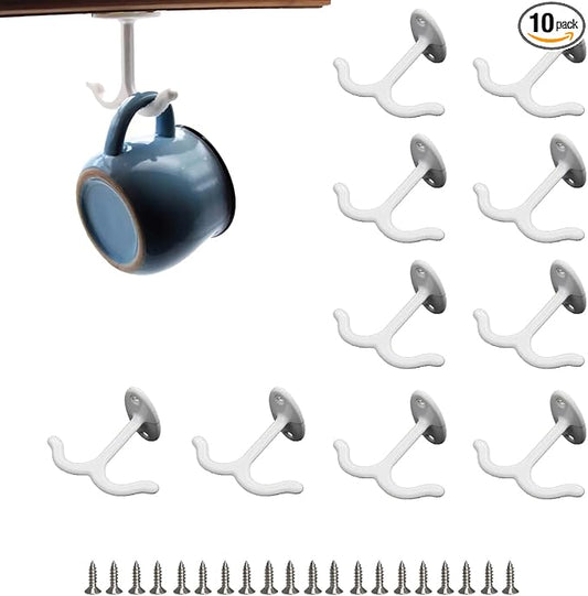 10 Pcs Zinc Alloy Ceiling Double Hook Cabinet Wardrobe Coat Towel Hat Hook Hooks Under Cabinet Shelf (White)