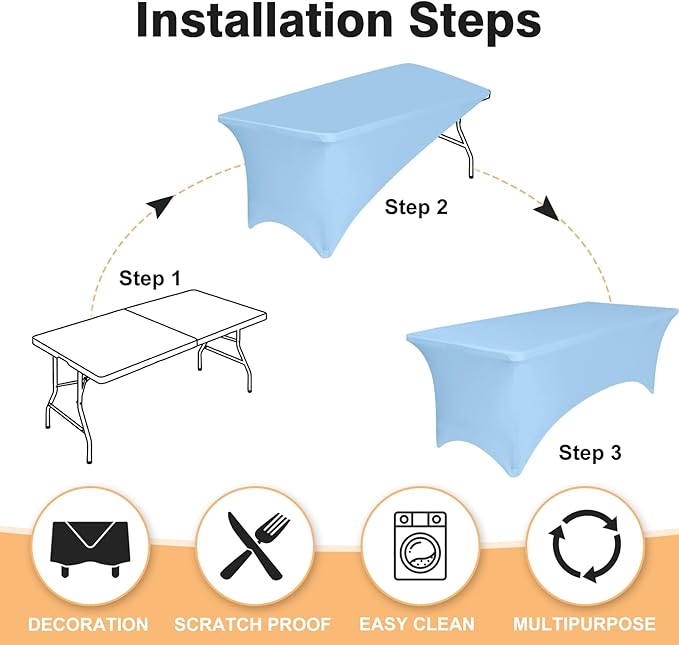 2 Pack 6 Feet Light Blue Spandex Tablecloth for Rectangular Tables, Fitted & Stretch, Washable, Wrinkle Resistant, Perfect for Event, Wedding, Party, Banquet, Cocktail, Festival, and Table Protector