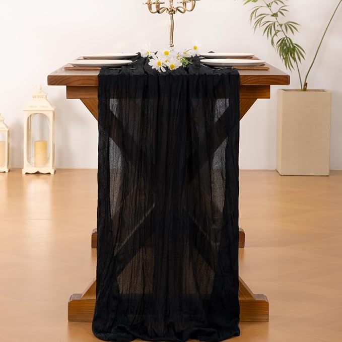Socomi 3pcs Black Summer Cheesecloth Table Runner Boho Rustic Gauze 120 inch 10FT Cheese Cloth Sheer Runner for Wedding Party Baby Shower Birthday Home Decor Holiday Decorations