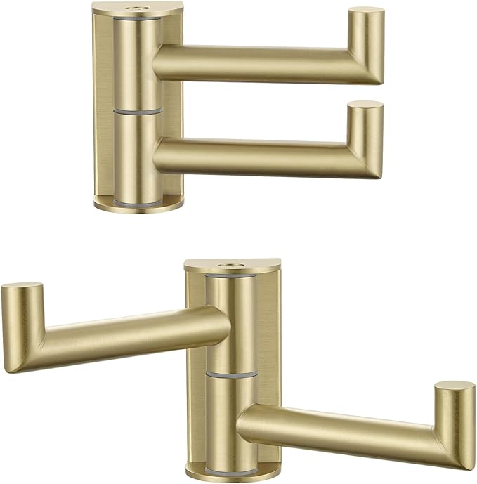 Angle Simple Swivel Hooks for Bathroom, SUS304 Stainless Steel 2 Arms Bath Towel Robe Hook Wall Mount, 2 Pack, Brushed Gold