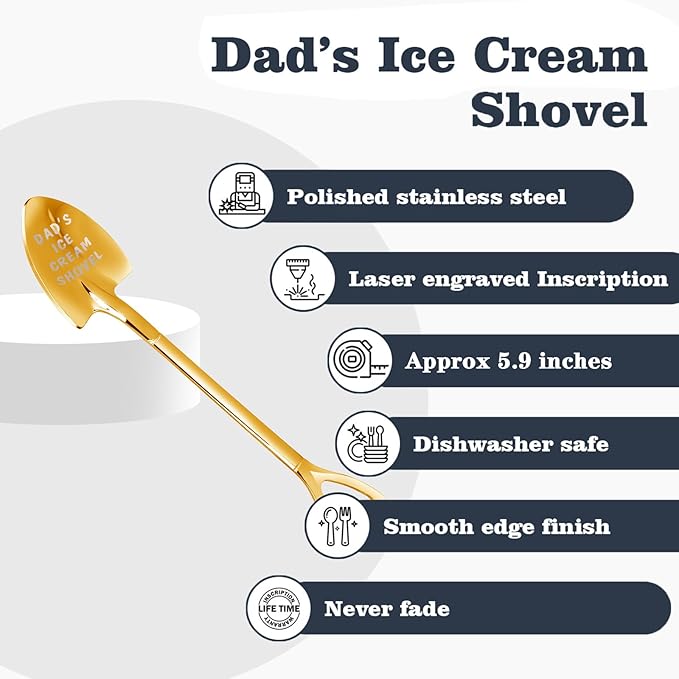 Gifts for Dad Stocking Stuffers for men dad father gifts Men Ice Cream Spoon Scoop for Ice Cream Lovers , Gifts for men Funny Engraved Stainless Steel Spoon Shovel, Birthday Fathers Gifts (Golden)