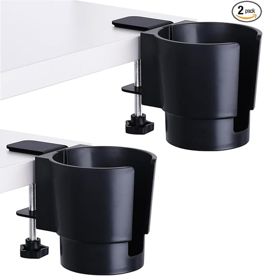 Universal Large Desk Cup Holder Clamp on, Heavy Duty Plastic Drink Holder for Table, Porch Swing, Patio Chair, Clip On Anti-Spill Bottle Holder for Most Cups, Bottles, Cans, Tumbles, Black, Pack of 2