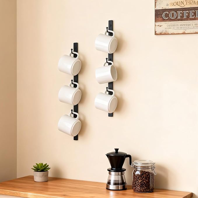 Yohsnor Coffee Mug Rack Set of 2 - Stylish Black Iron Coffee Cup Holder with 6 Hooks, Mounted Shelf for Kitchen & Office, Space-Saving, Easy to Install, Durable & Sturdy Hanger Racks