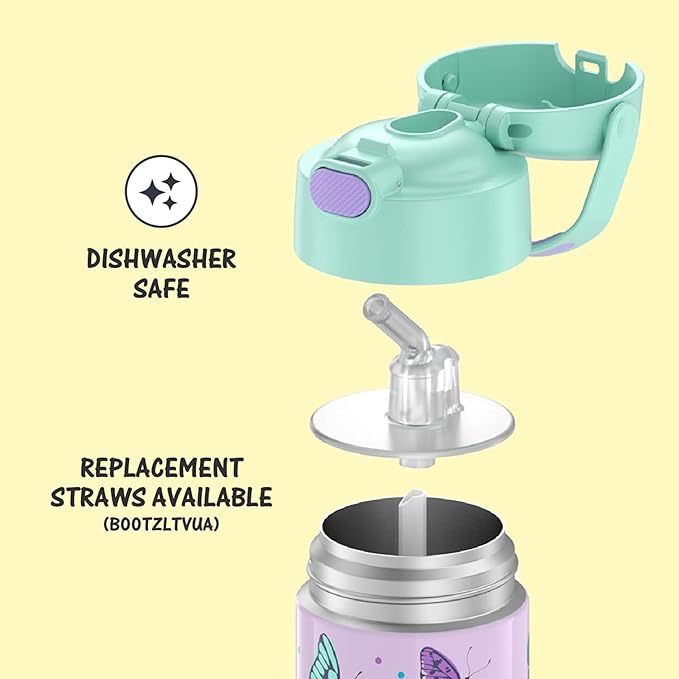 THERMOS FUNTAINER Water Bottle with Straw - 12 Ounce - Kids Stainless Steel Vacuum Insulated Water Bottle with Lid, Butterfly Frenzy