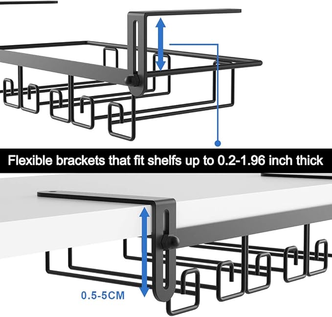 Under Shelf Wine Glass Holder - Black, Stemware Rack for Cabinet, Holds Multiple Glasses