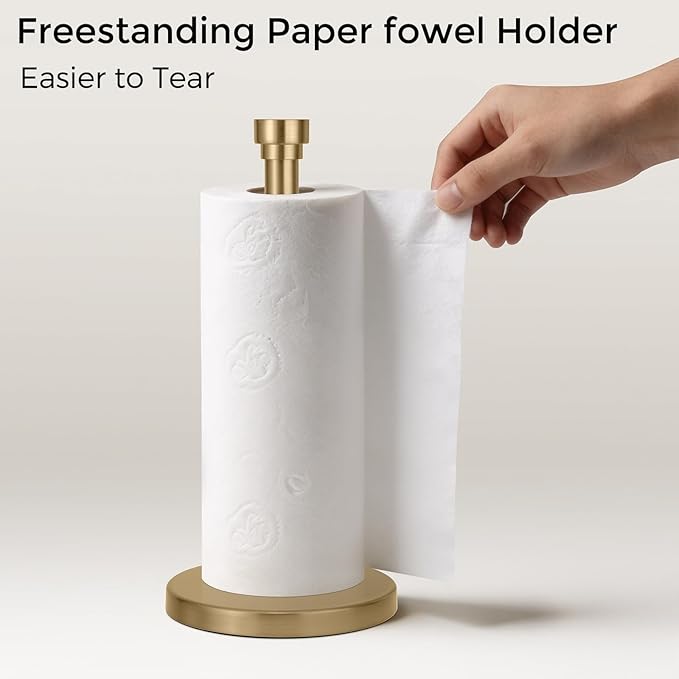 Warm Gold Paper Towel Holder Countertop, Freestanding Paper Towel Stand with Weighted Non-Slip Base, Easy Assembly, Unique Decorative End Cap for Kitchen and Bathroom