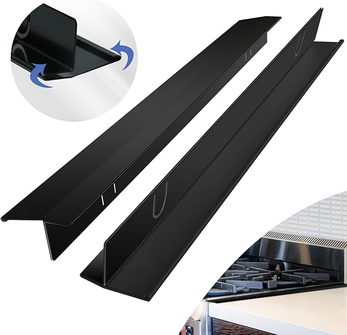 Stove Gap Covers Stainless Steel 2 Packs, 13.8~27.6 Inch Adjustable Heat Resistant Not Sharp Gap Filler, Easy to Clear Stove Counter Gap Cover Suitable for Even Surface (Black)