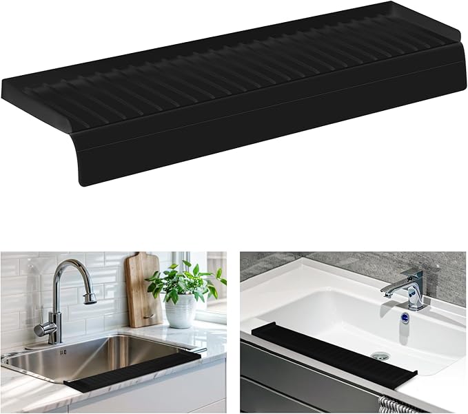 Sink Edge Protector with Suction Cup, 14" x 4", Silicone Sink Splash Guard for Kitchen & Bathroom, Protect Countertop from Scratches, Stains, for Stainless Steel Granite Quartz, Black