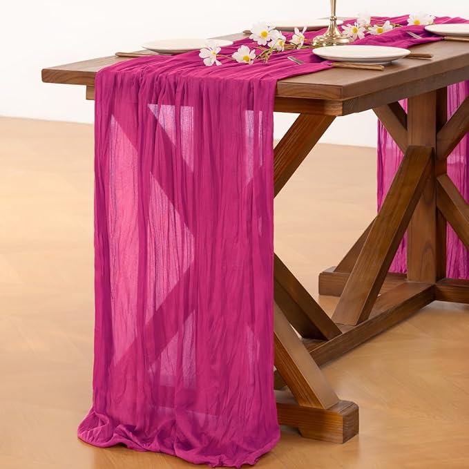 Socomi 6pcs Hot Pink Cheesecloth Table Runner Boho Rustic Gauze 120 inch 10FT Cheese Cloth Sheer Runner for Wedding Party Baby Shower Birthday Home Decor